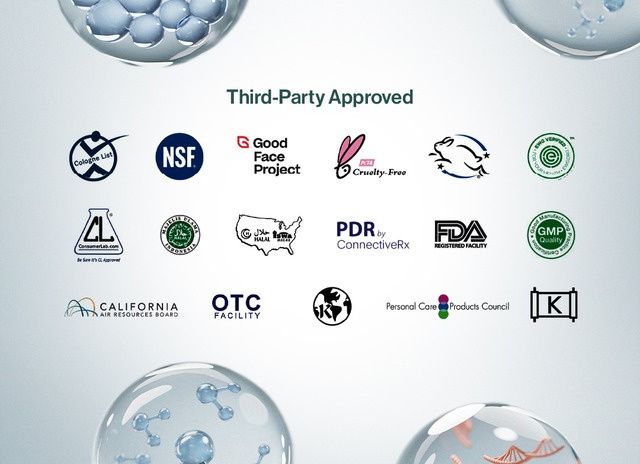Logos des certifications et approbations de tiers : NSF, FDA Registered Facility, GMP Quality, Non-GMO, Leaping Bunny, halal, casher et autres